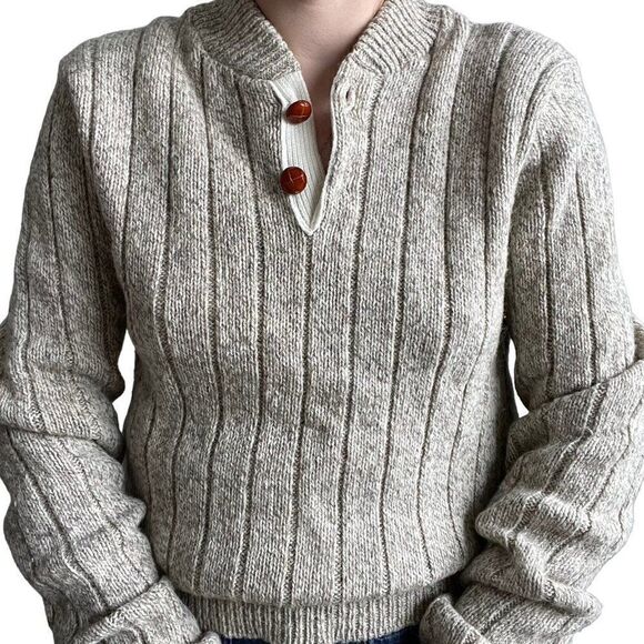 Vintage Mens 1970s Beige Chunky Knit Wool Blend Fisherman Henley Sweater Sz L - Picture 5 of 8